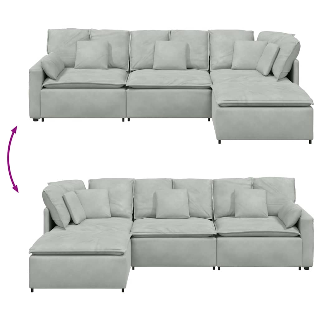 Sofá modular com pufes e almofadas veludo cinzento-claro