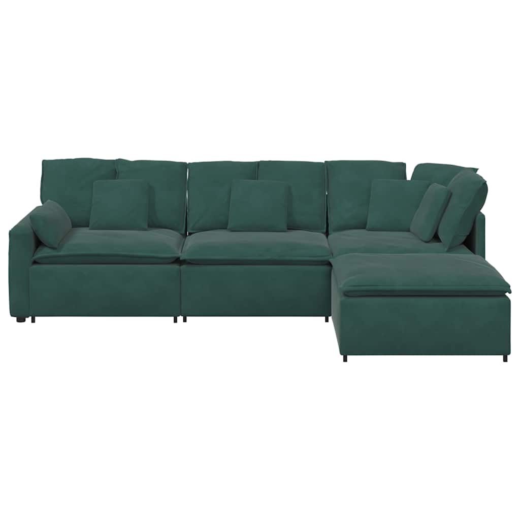 Sofá modular com pufes e almofadas veludo verde-escuro