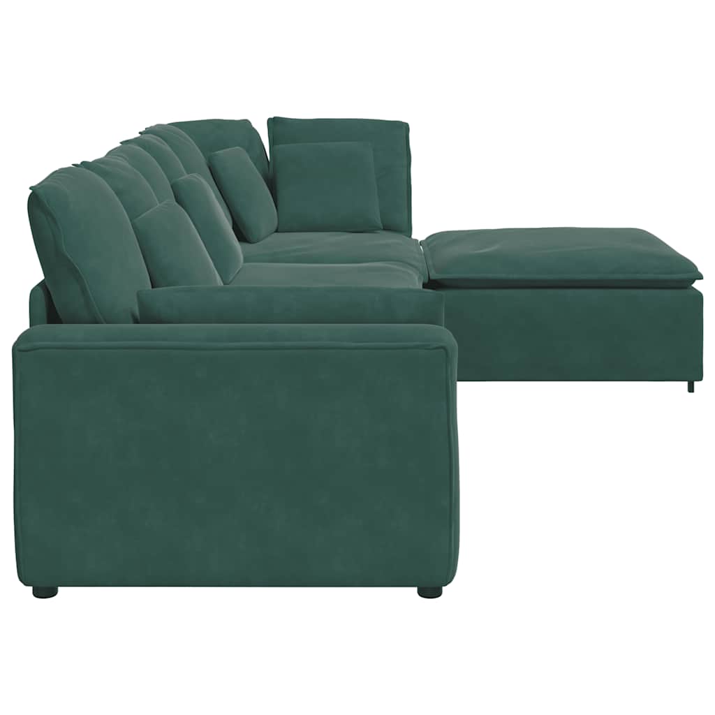 Sofá modular com pufes e almofadas veludo verde-escuro