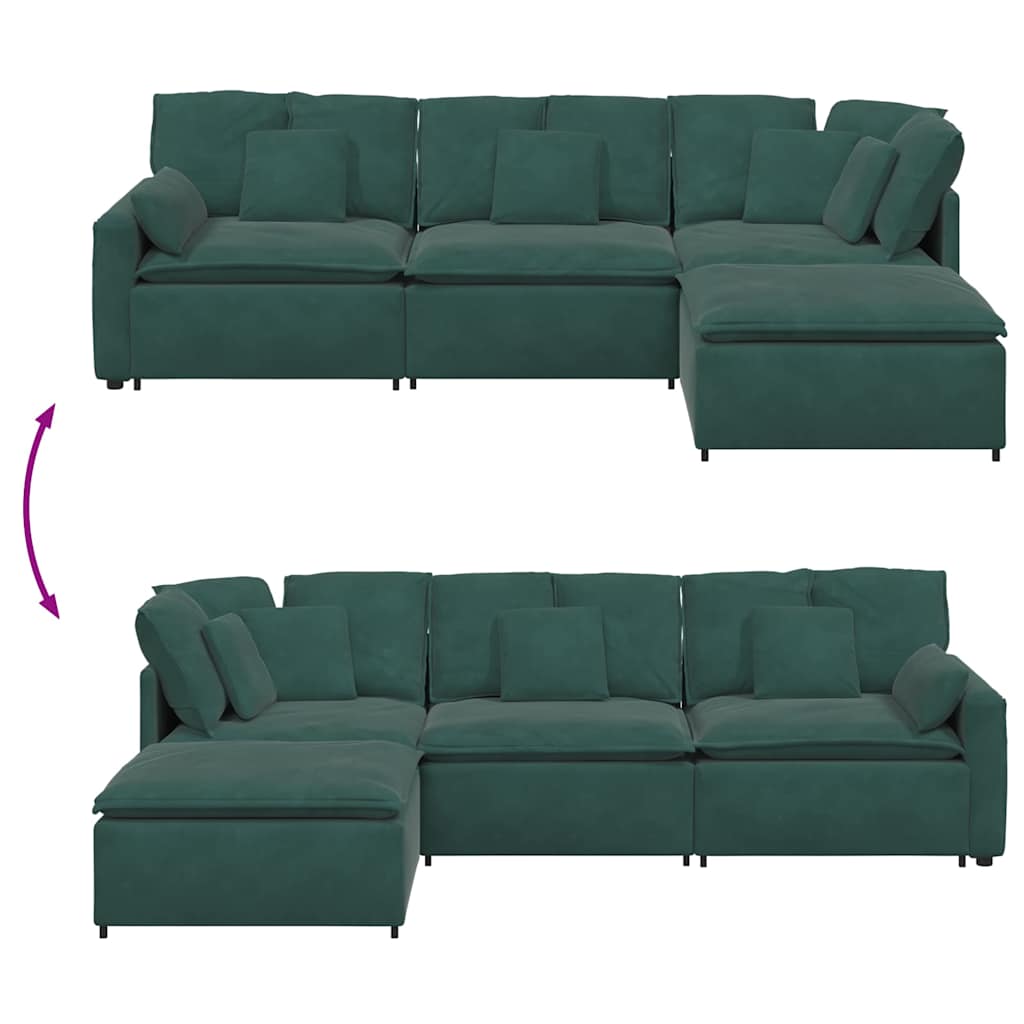 Sofá modular com pufes e almofadas veludo verde-escuro