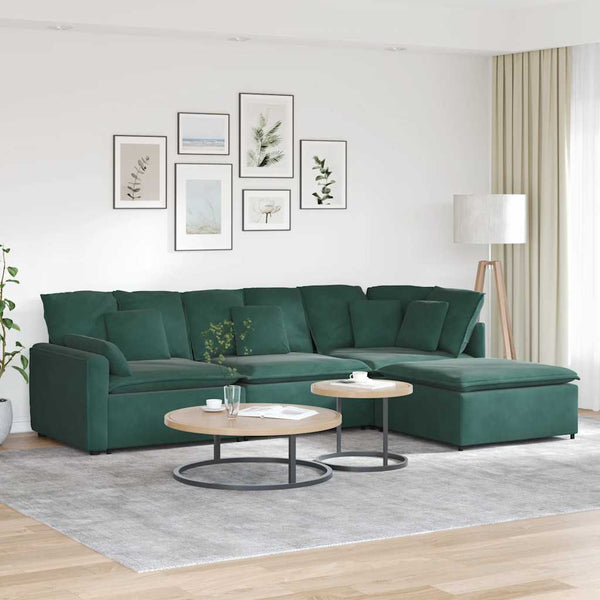 Sofá modular com pufes e almofadas veludo verde-escuro