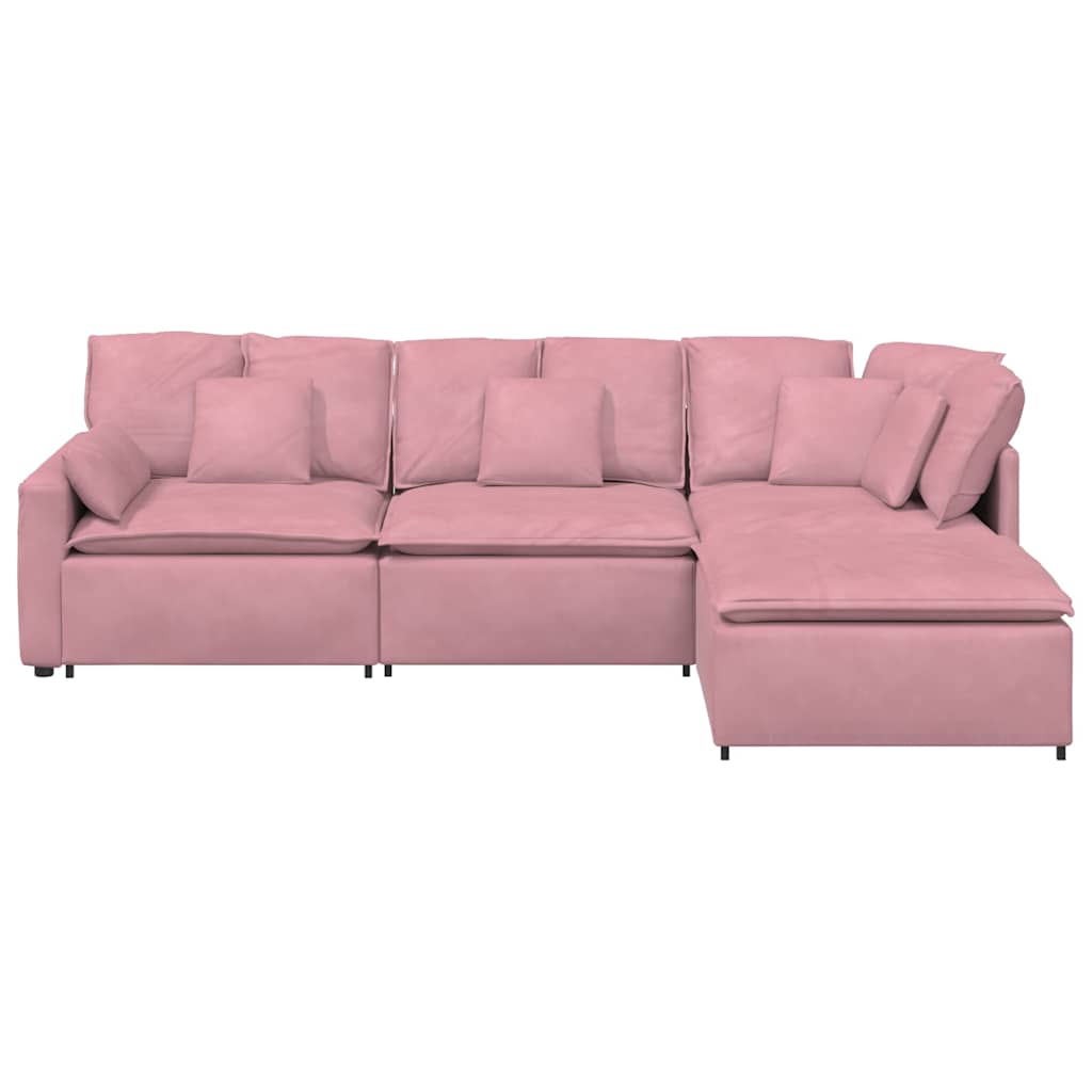 Sofá modular com pufes e almofadas veludo rosa