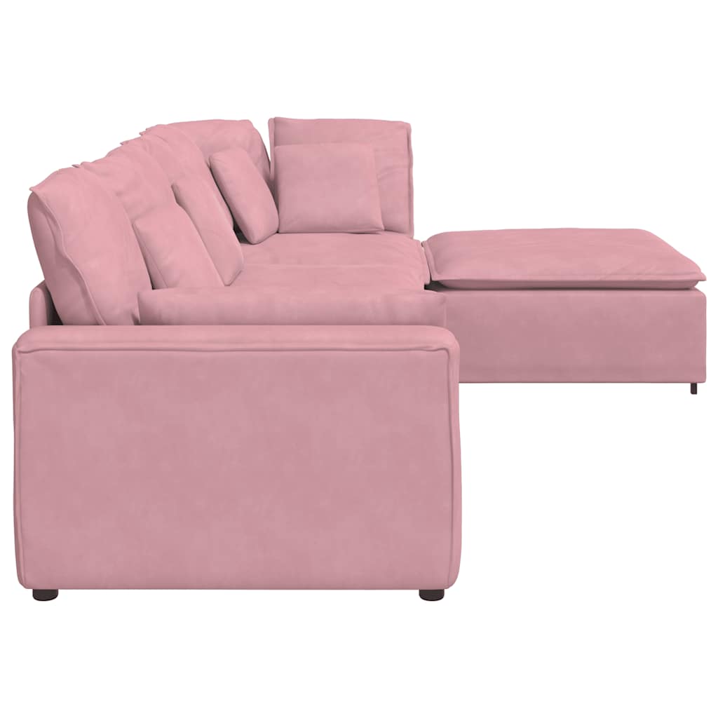 Sofá modular com pufes e almofadas veludo rosa