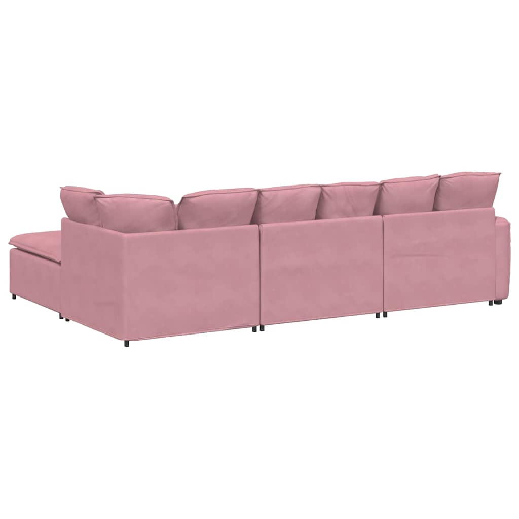 Sofá modular com pufes e almofadas veludo rosa