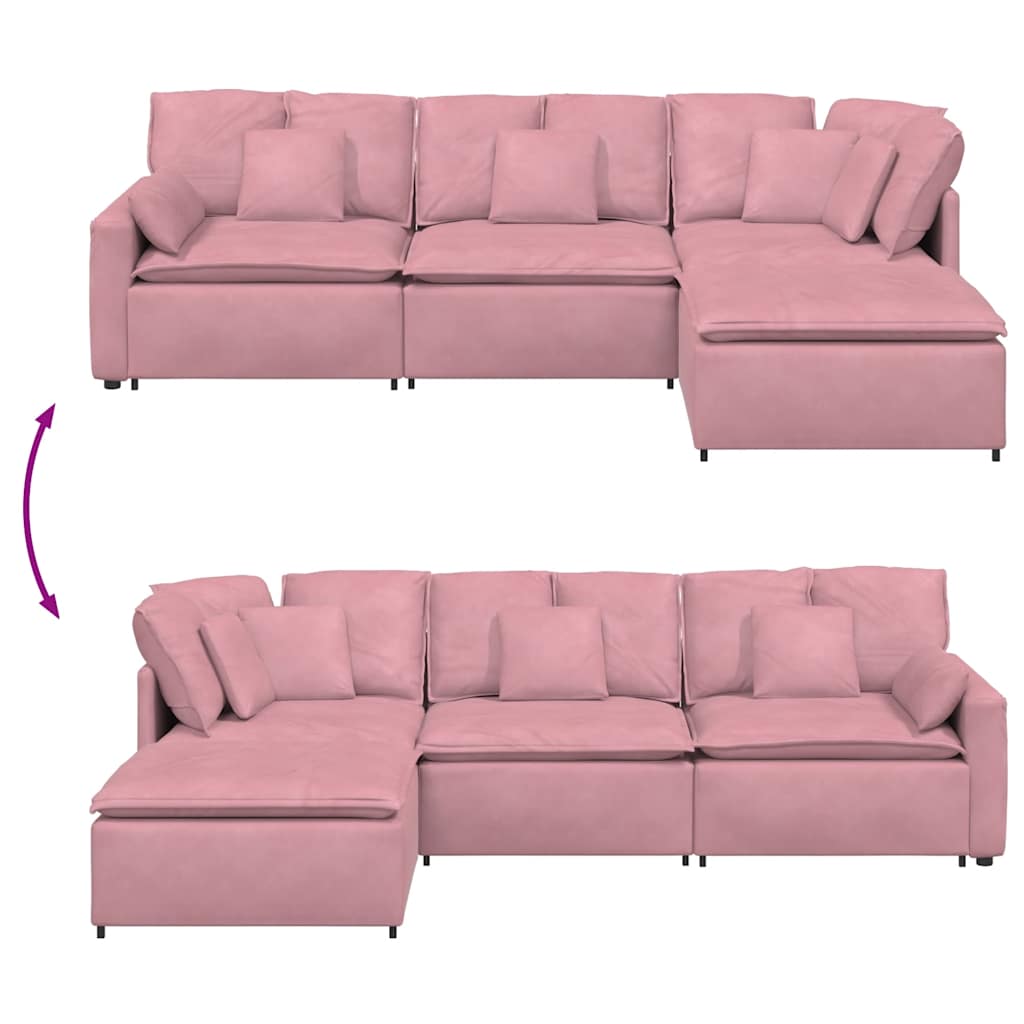 Sofá modular com pufes e almofadas veludo rosa