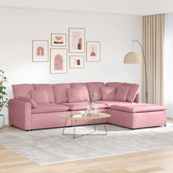 Sofá modular com pufes e almofadas veludo rosa