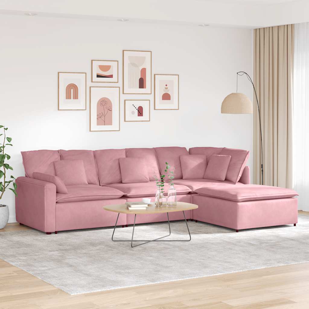 Sofá modular com pufes e almofadas veludo rosa