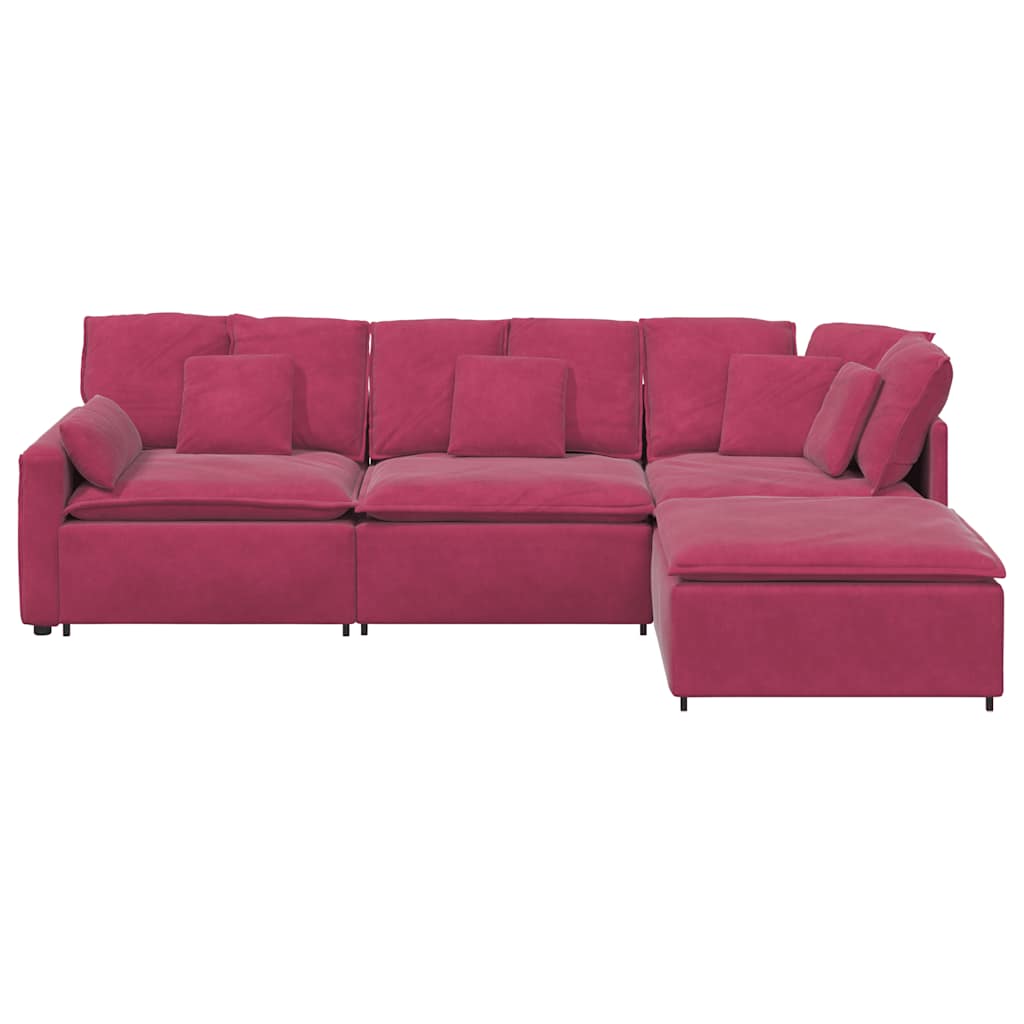 Sofá modular com pufes e almofadas veludo vermelho tinto