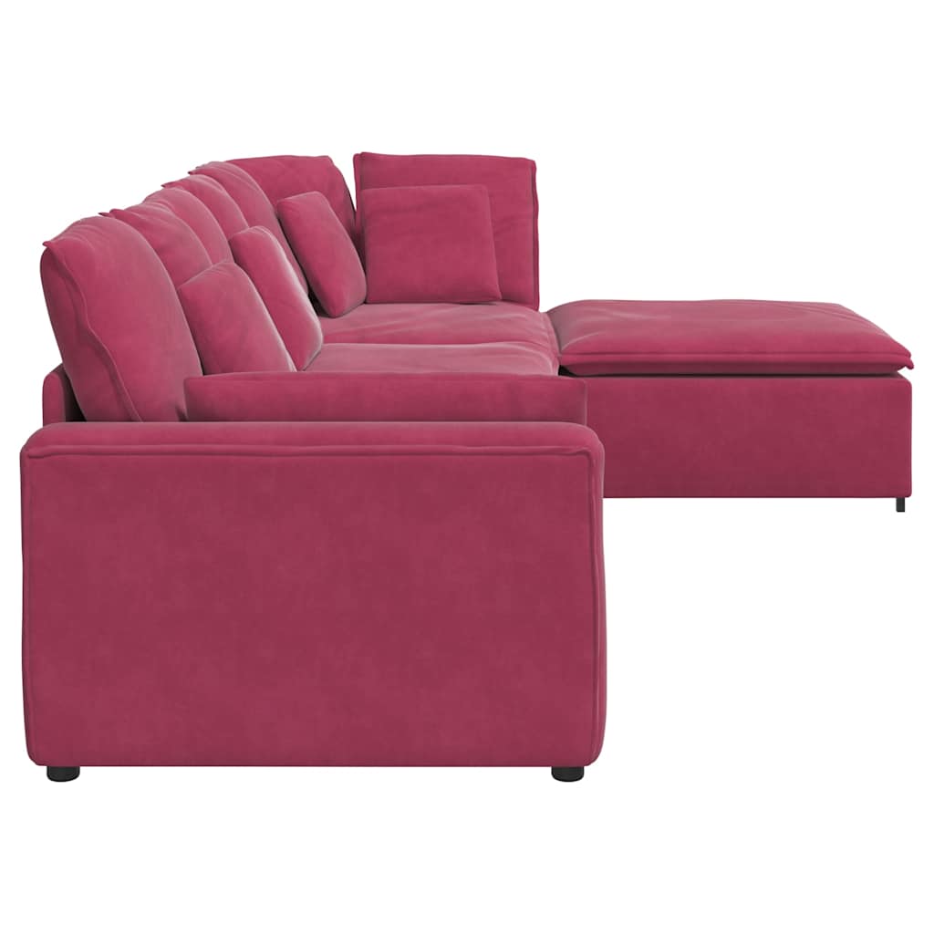 Sofá modular com pufes e almofadas veludo vermelho tinto