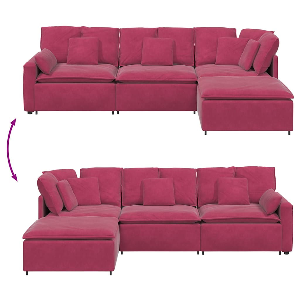 Sofá modular com pufes e almofadas veludo vermelho tinto