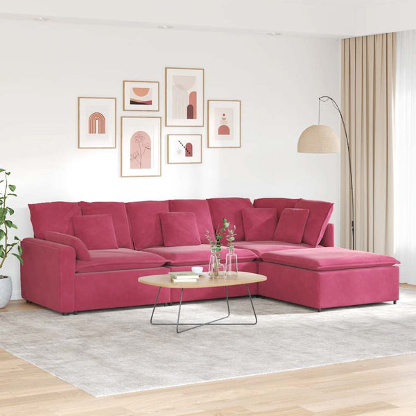 Sofá modular com pufes e almofadas veludo vermelho tinto