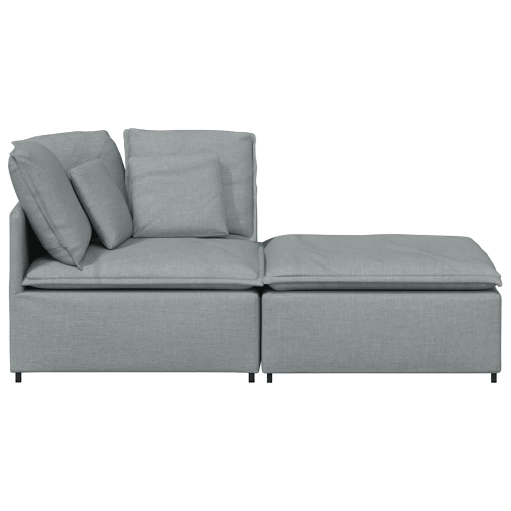 Sofá modular com pufes e almofadas tecido cinzento-claro