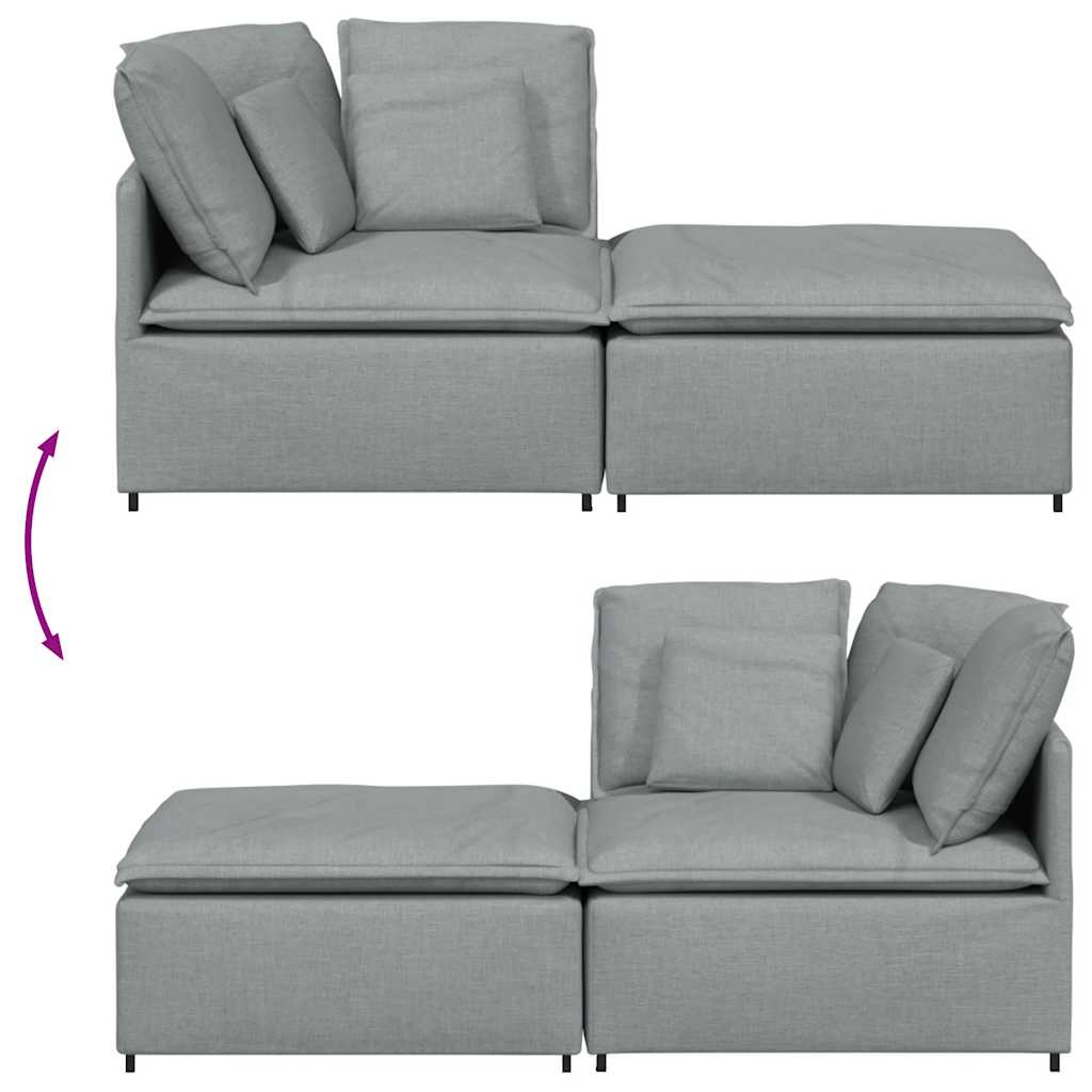 Sofá modular com pufes e almofadas tecido cinzento-claro