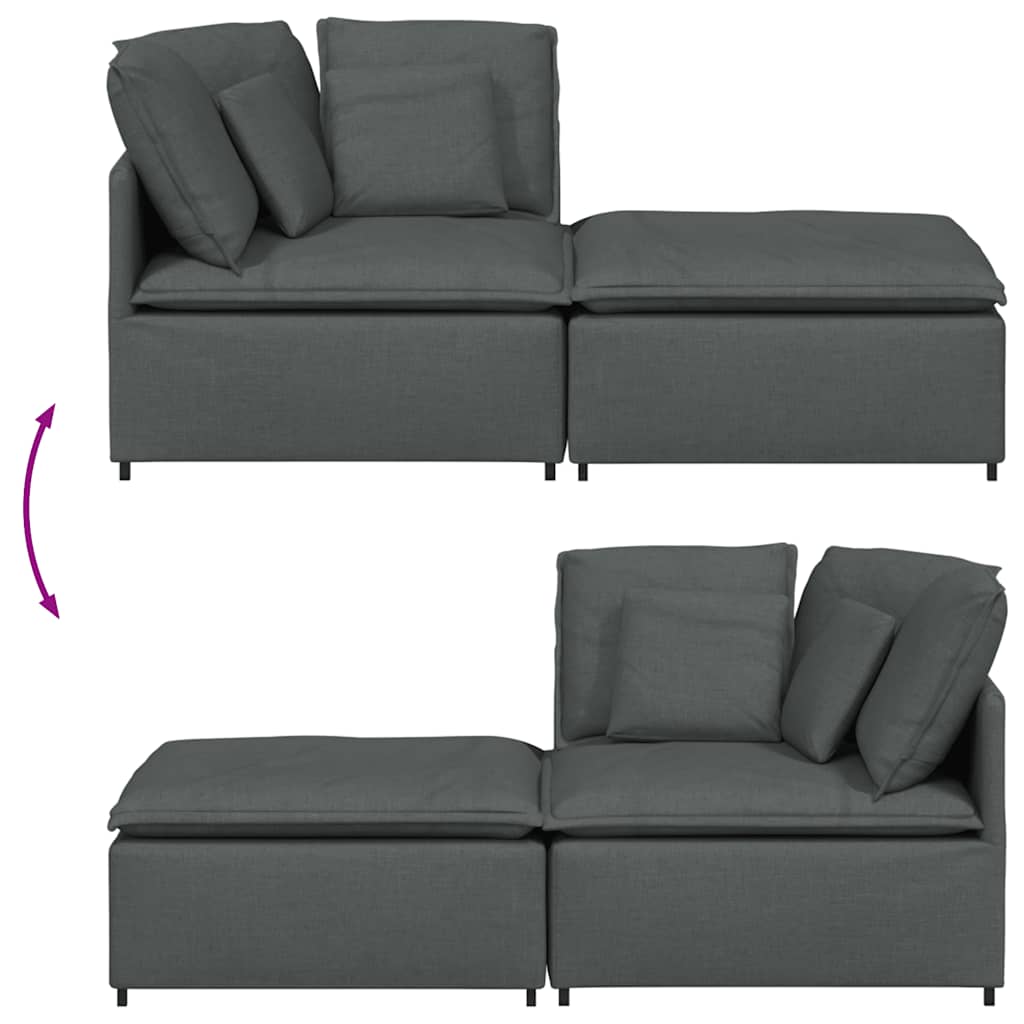 Sofá modular com pufes e almofadas tecido cinzento-escuro