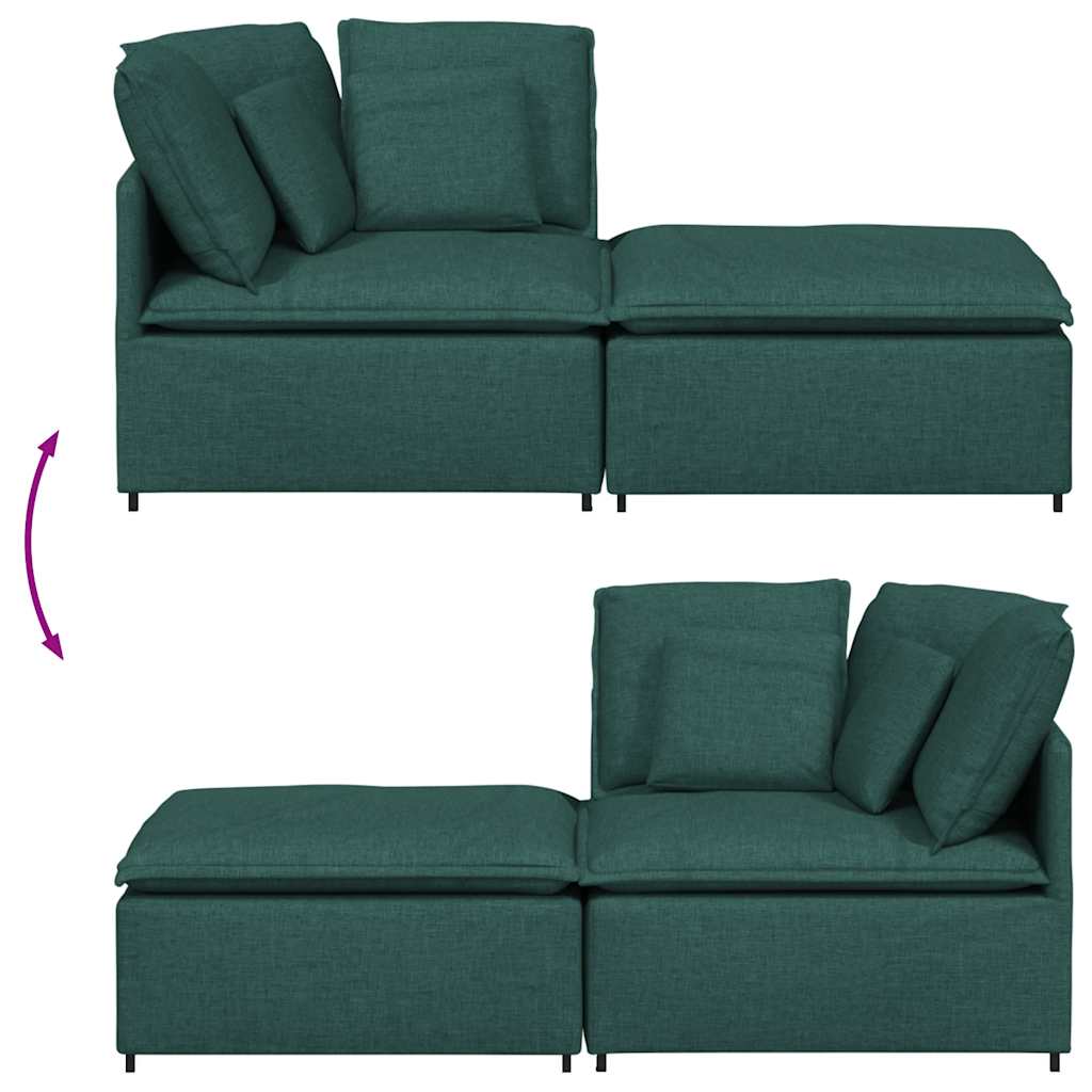 Sofá modular com pufes e almofadas tecido verde-escuro