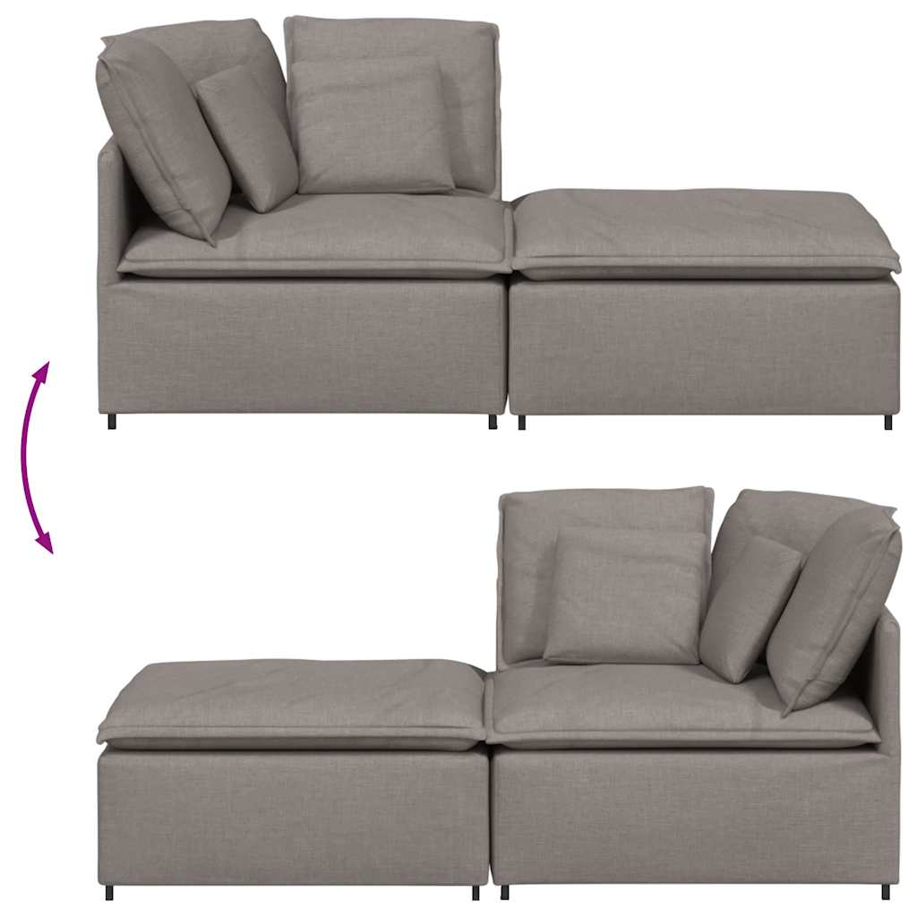Sofá modular com pufes e almofadas tecido cinzento-acastanhado