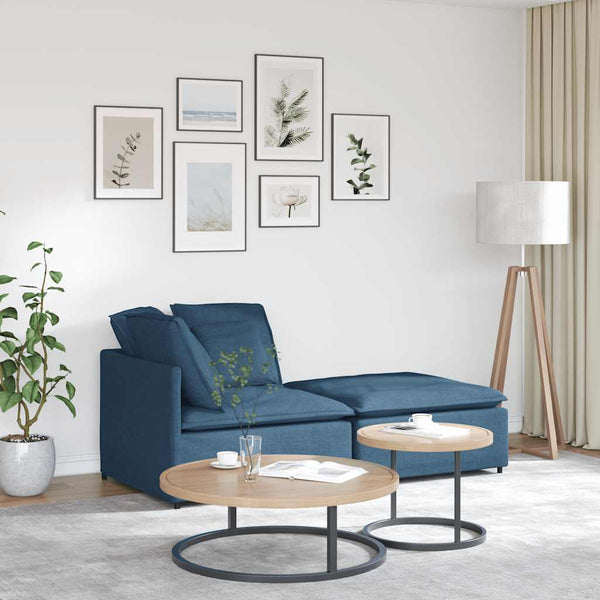 Sofá modular com pufes e almofadas tecido azul