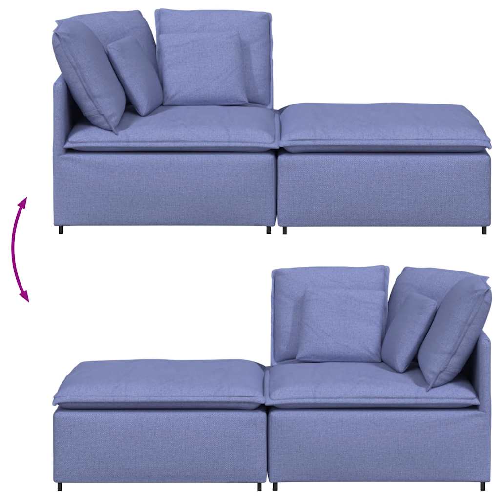 Sofá modular com pufes e almofadas tecido azul ganga