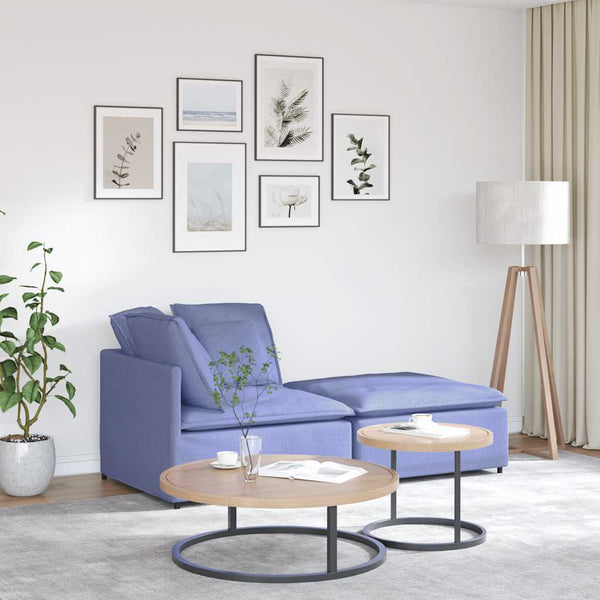 Sofá modular com pufes e almofadas tecido azul ganga