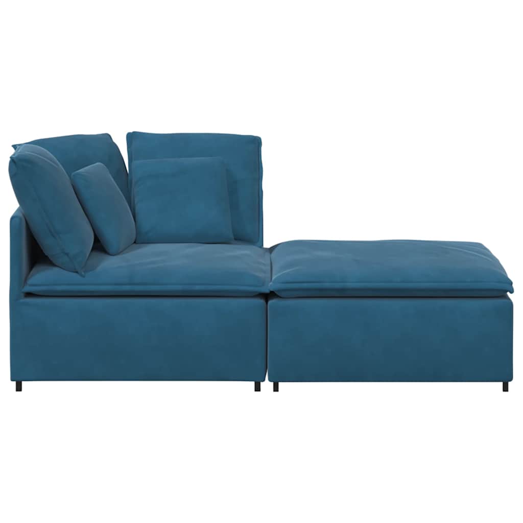 Sofá modular com pufes e almofadas veludo azul