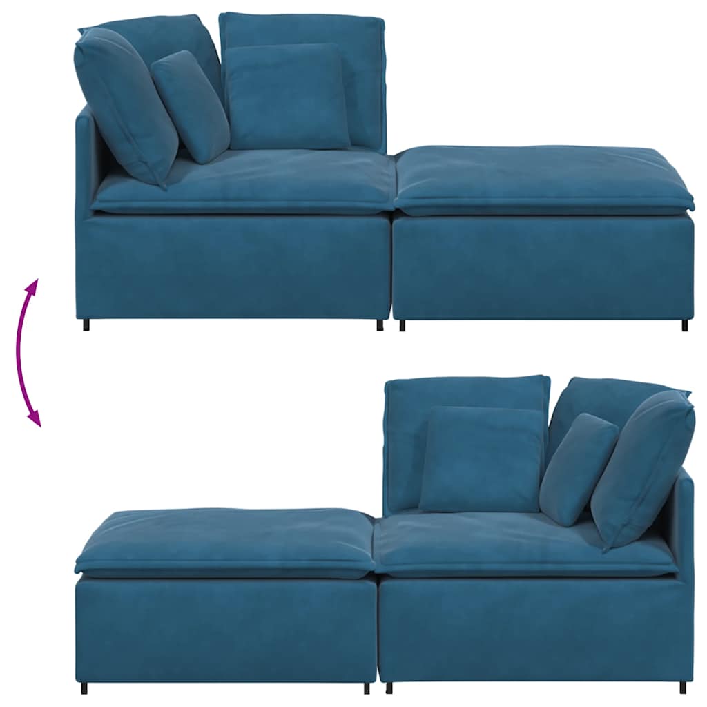 Sofá modular com pufes e almofadas veludo azul