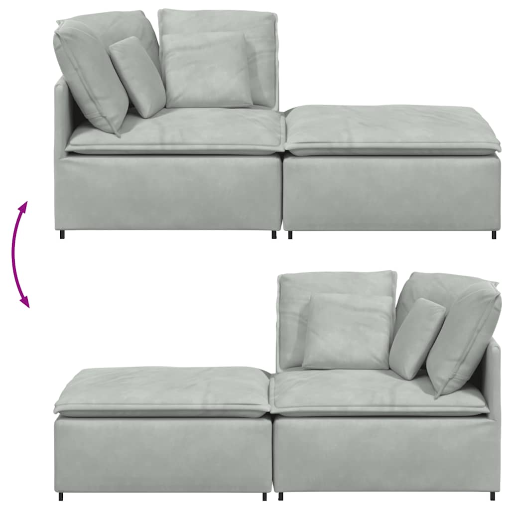 Sofá modular com pufes e almofadas veludo cinzento-claro