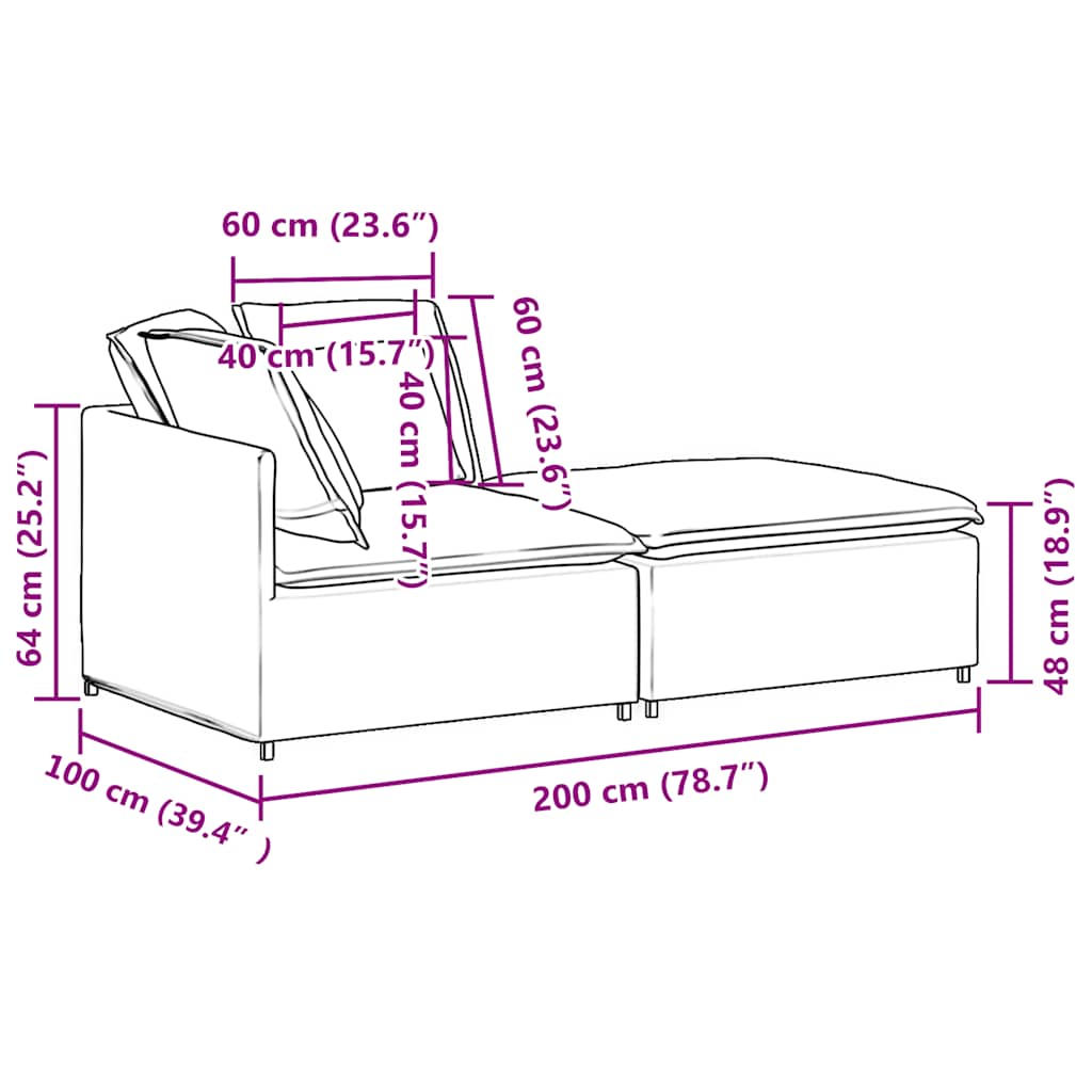 Sofá modular com pufes e almofadas veludo cinzento-claro