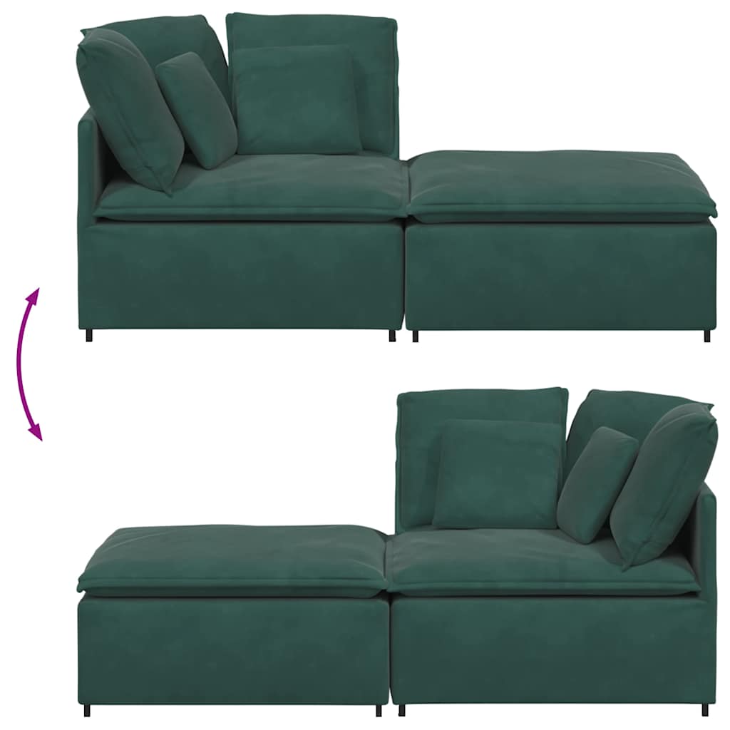 Sofá modular com pufes e almofadas veludo verde-escuro
