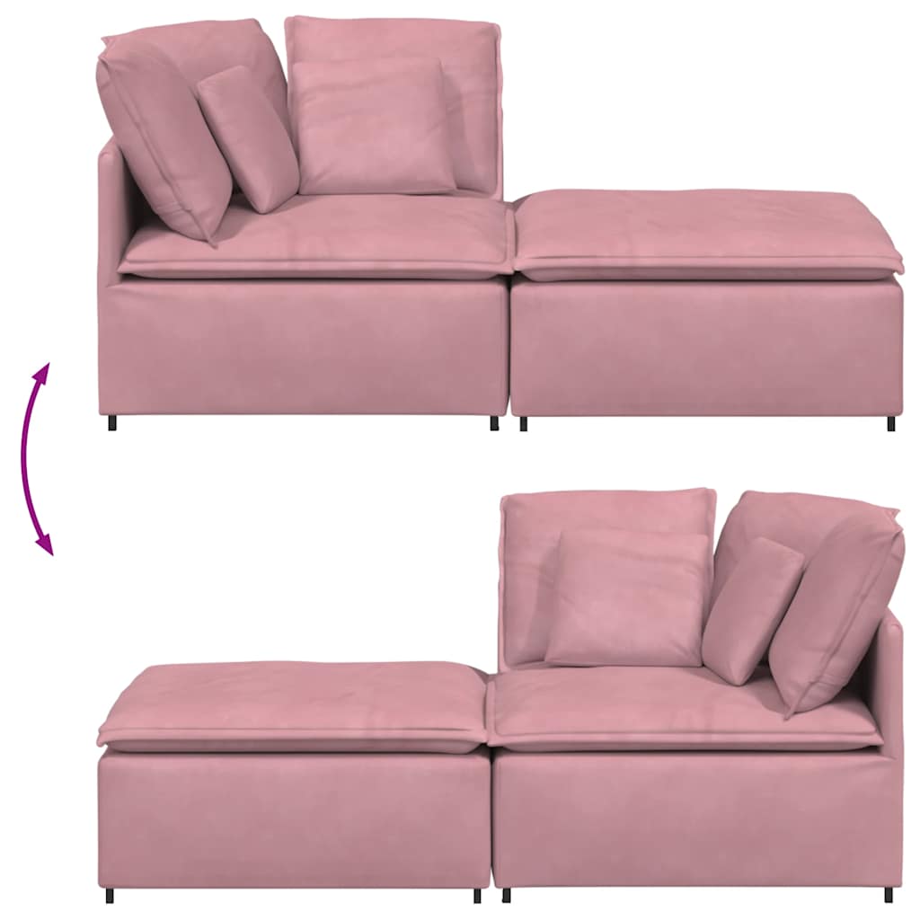 Sofá modular com pufes e almofadas veludo rosa