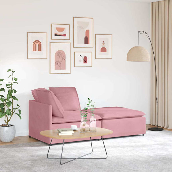 Sofá modular com pufes e almofadas veludo rosa