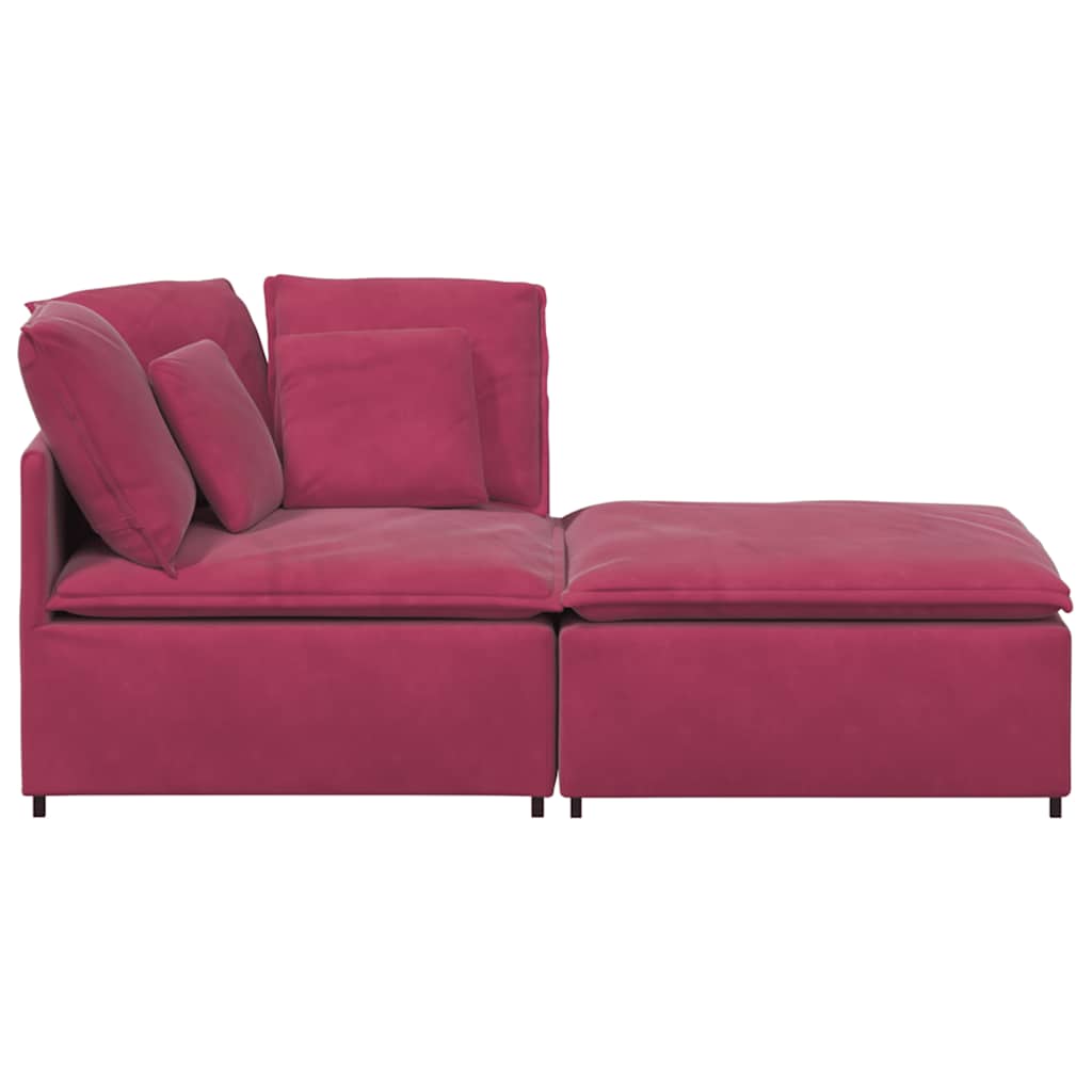 Sofá modular com pufes e almofadas veludo vermelho tinto