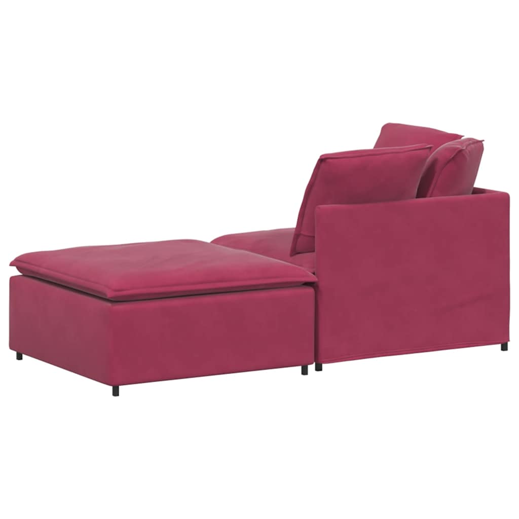 Sofá modular com pufes e almofadas veludo vermelho tinto