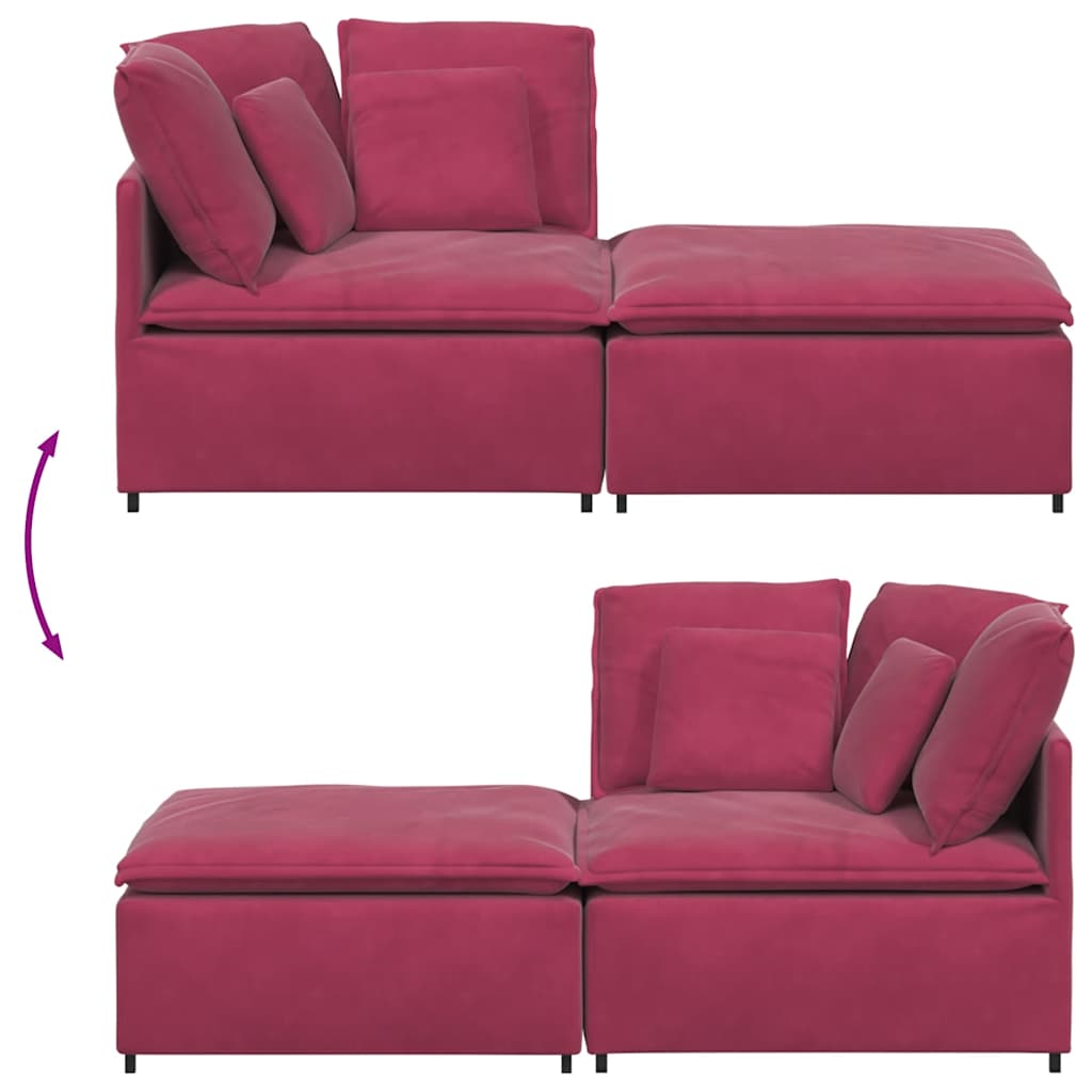 Sofá modular com pufes e almofadas veludo vermelho tinto