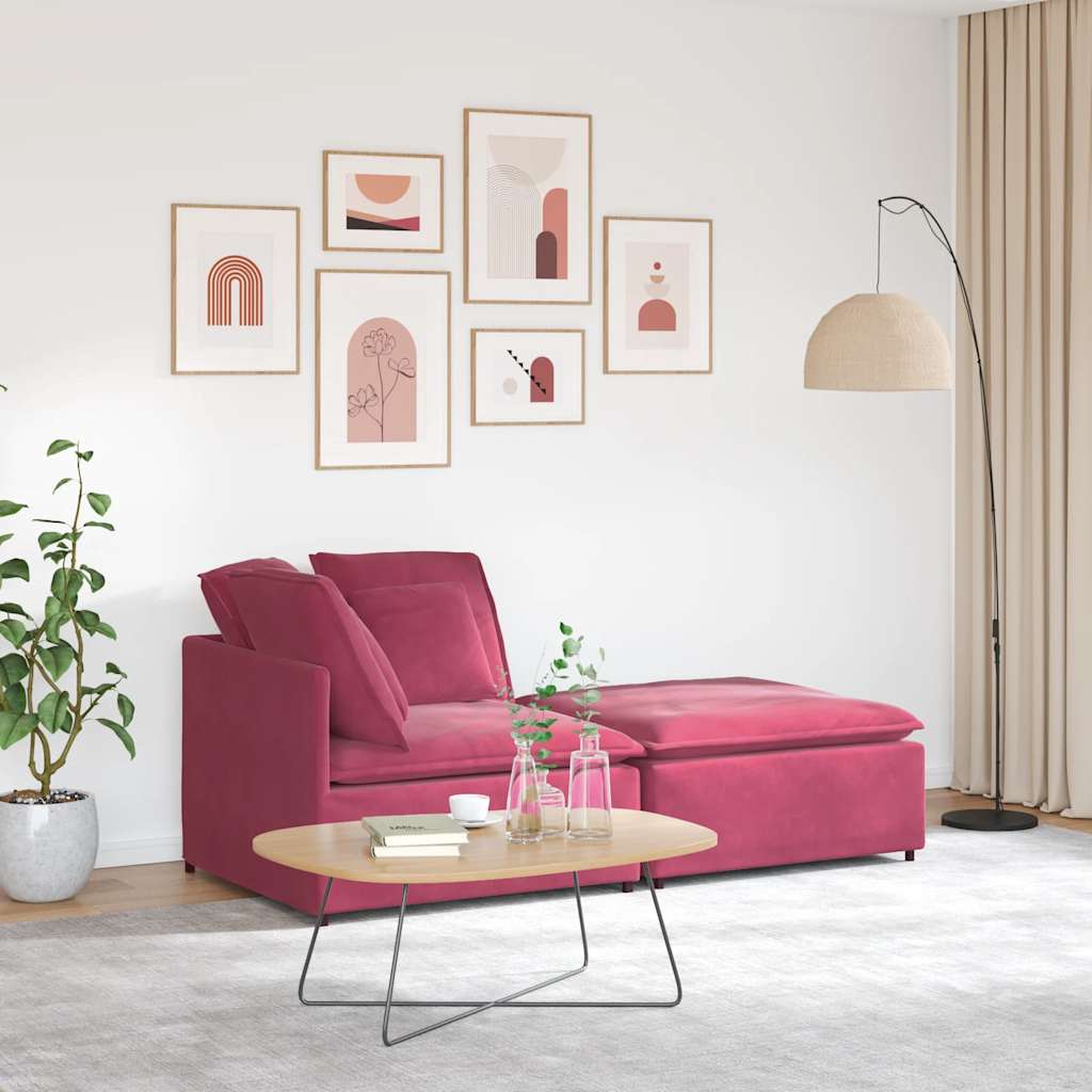Sofá modular com pufes e almofadas veludo vermelho tinto