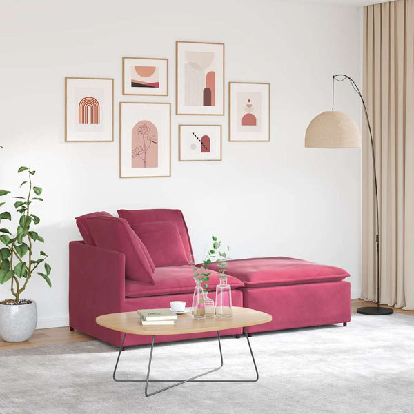 Sofá modular com pufes e almofadas veludo vermelho tinto