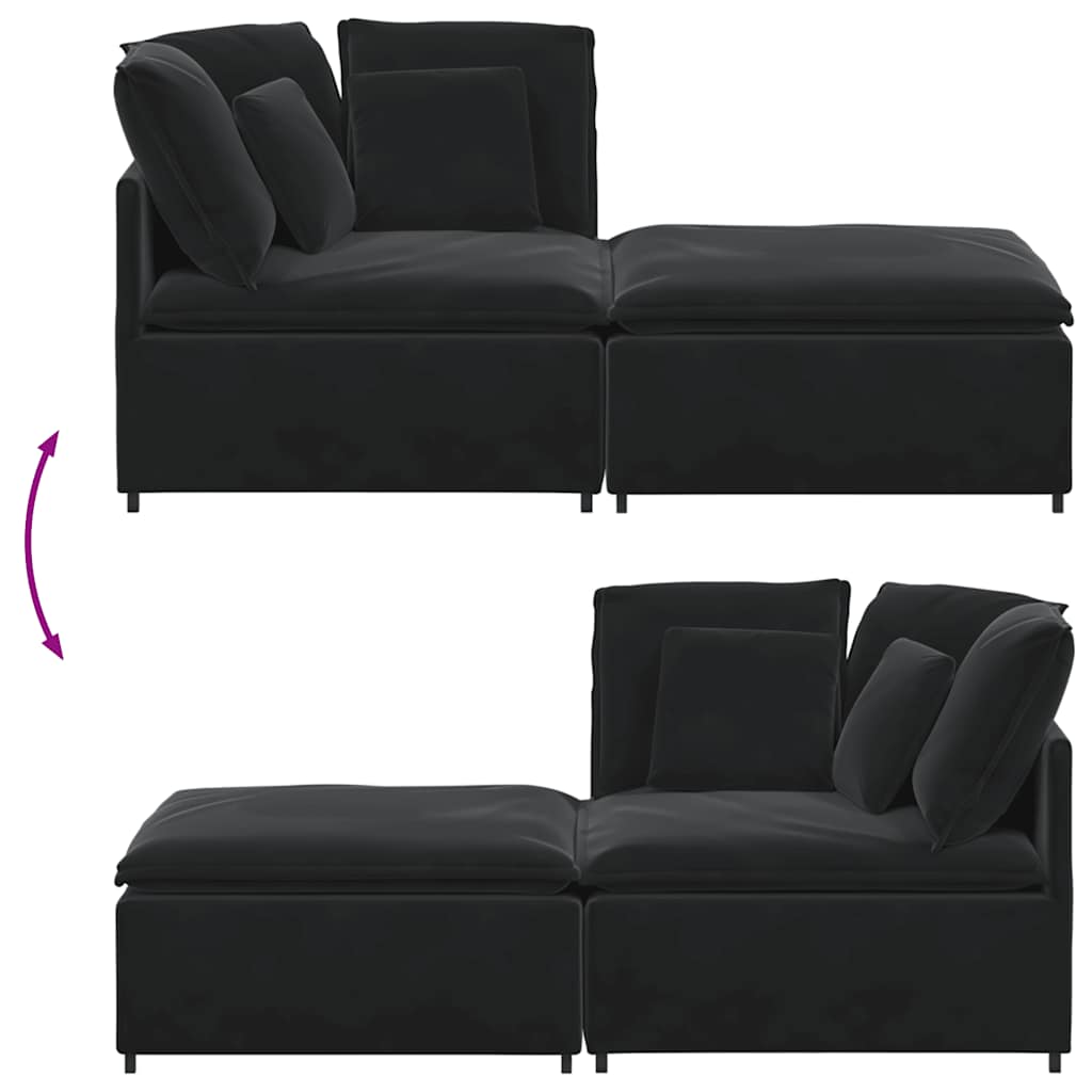 Sofá modular com pufes e almofadas veludo preto