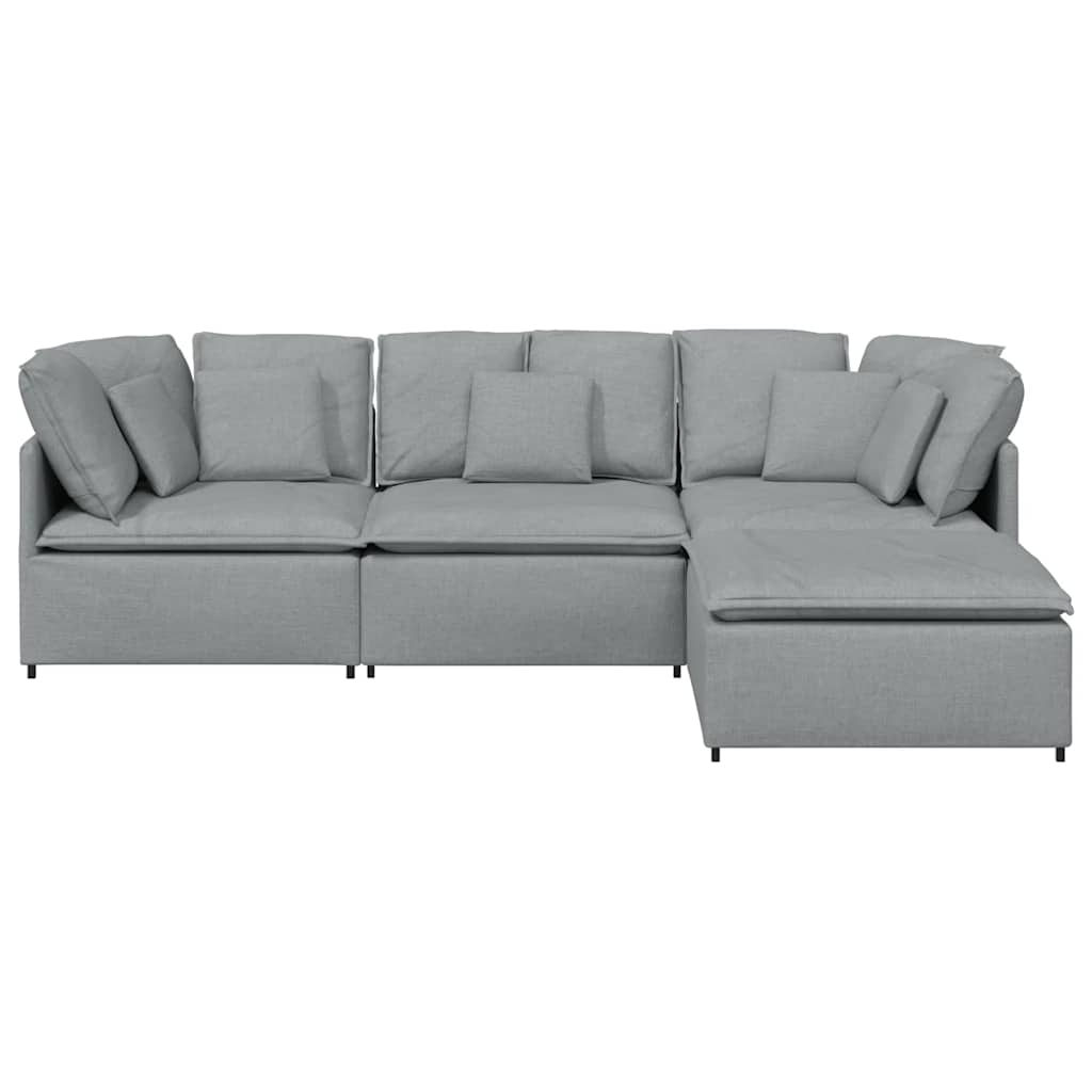 Sofá modular com pufes e almofadas tecido cinzento-claro