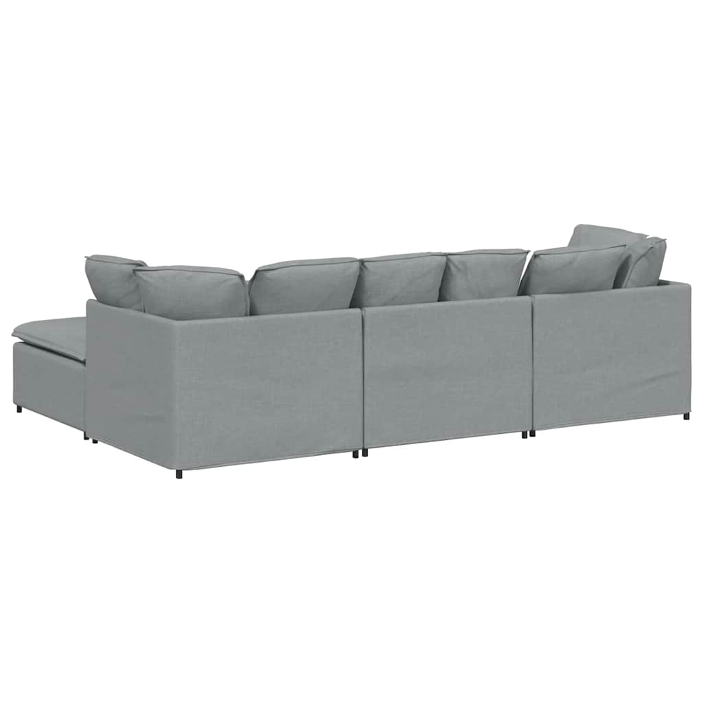 Sofá modular com pufes e almofadas tecido cinzento-claro