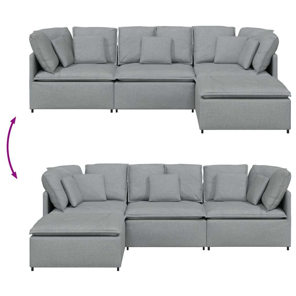 Sofá modular com pufes e almofadas tecido cinzento-claro