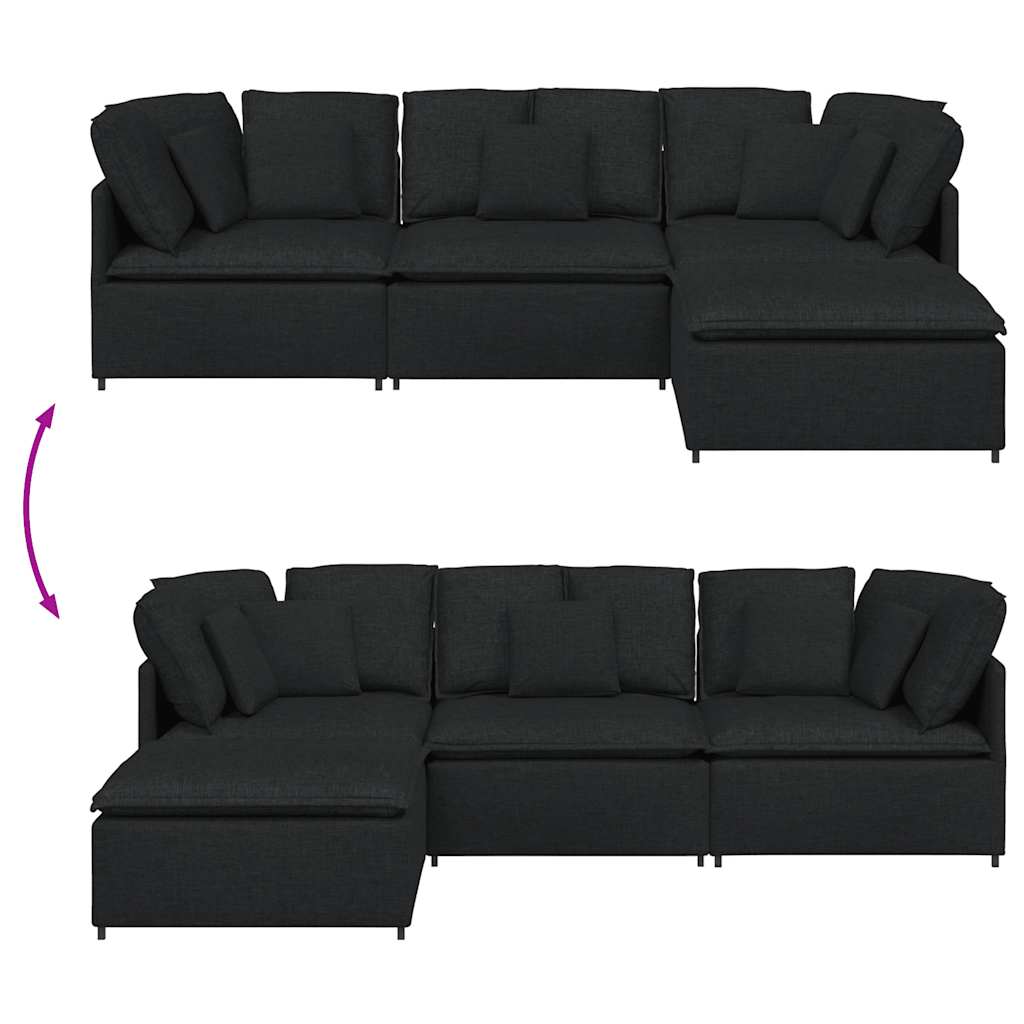 Sofá modular com pufes e almofadas tecido preto