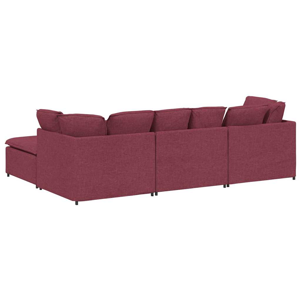 Sofá modular com pufes e almofadas tecido vermelho tinto