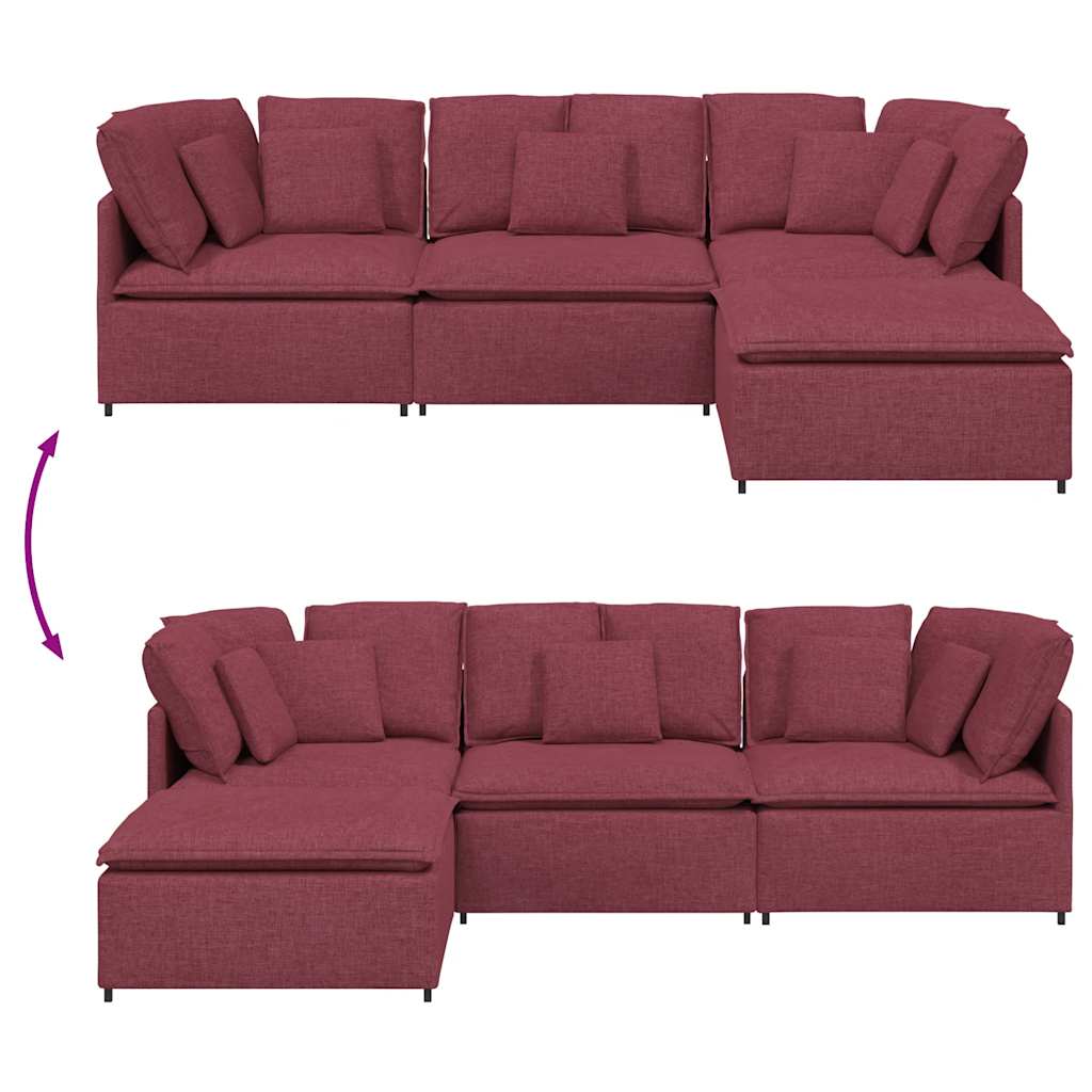 Sofá modular com pufes e almofadas tecido vermelho tinto