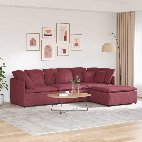 Sofá modular com pufes e almofadas tecido vermelho tinto
