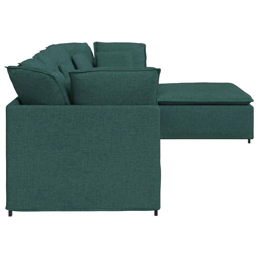 Sofá modular com pufes e almofadas tecido verde-escuro