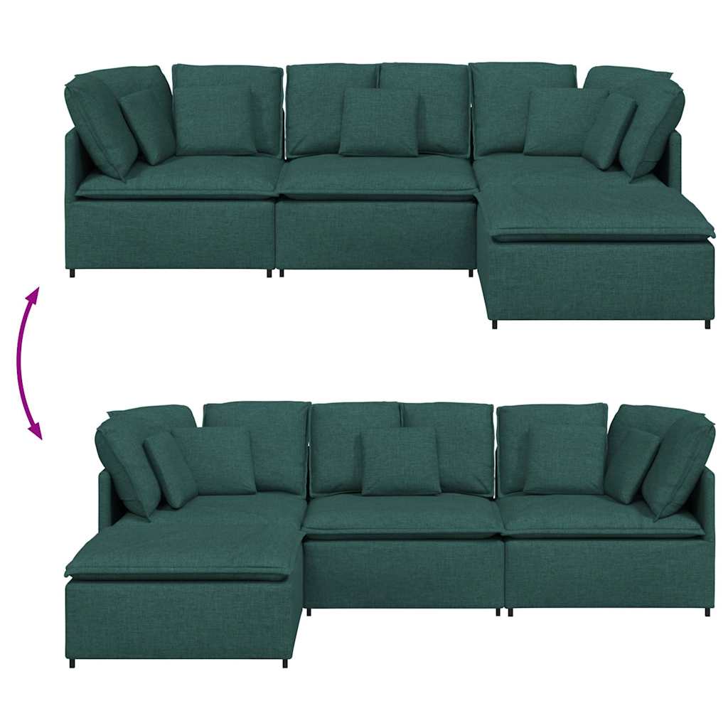 Sofá modular com pufes e almofadas tecido verde-escuro