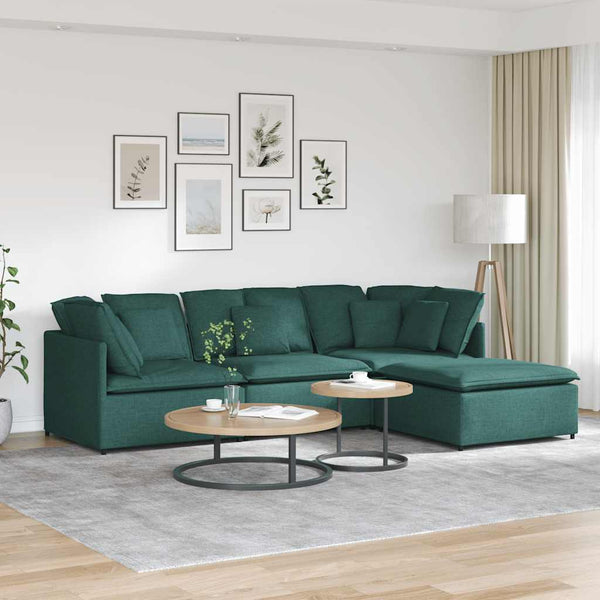 Sofá modular com pufes e almofadas tecido verde-escuro