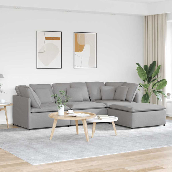 Sofá modular com pufes e almofadas tecido cinzento nublado