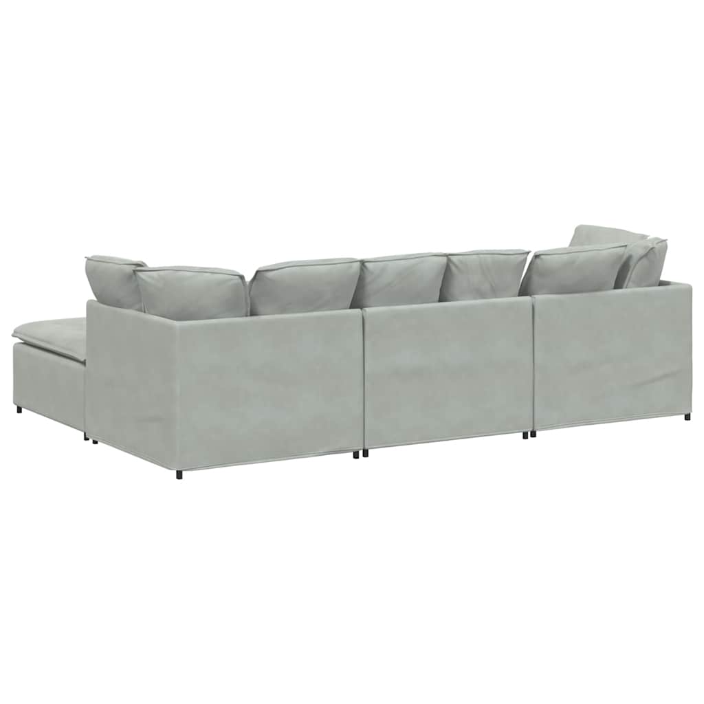 Sofá modular com pufes e almofadas veludo cinzento-claro