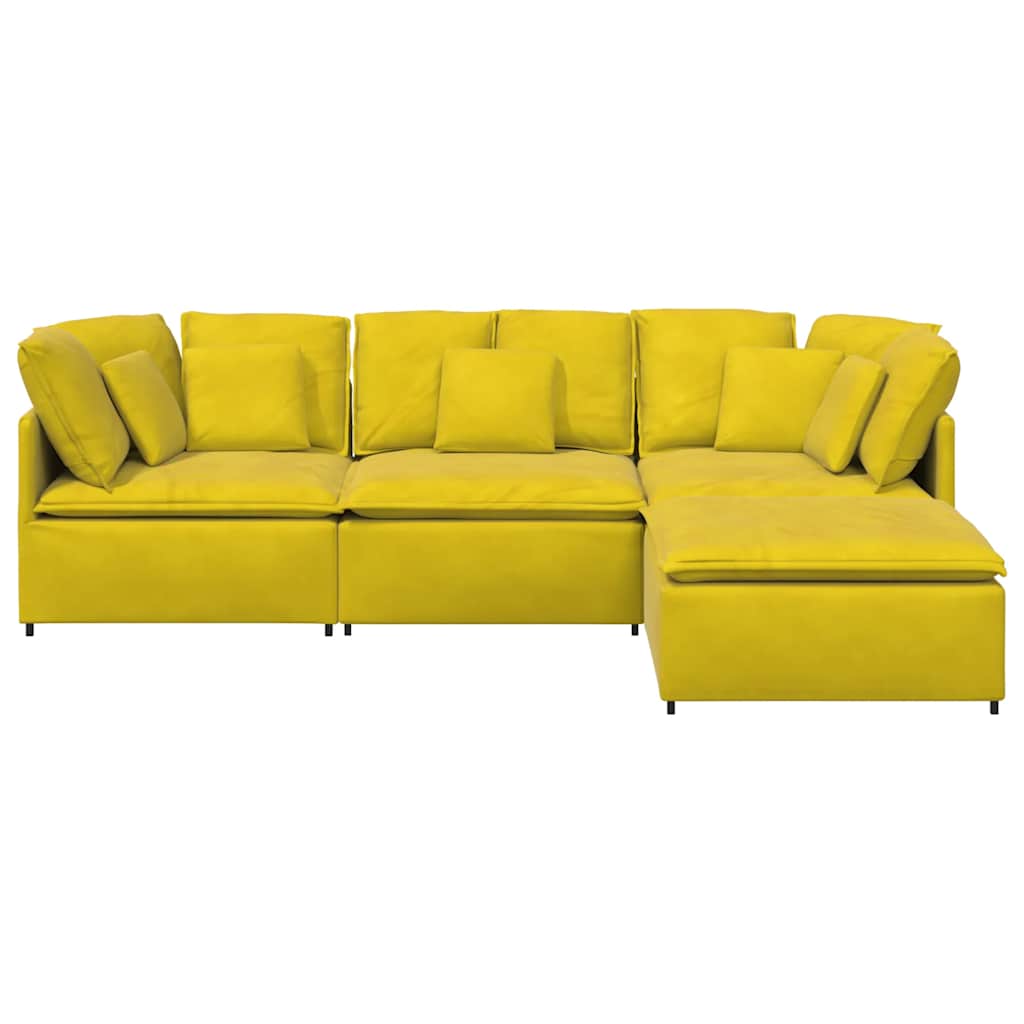 Sofá modular com pufes e almofadas veludo amarelo