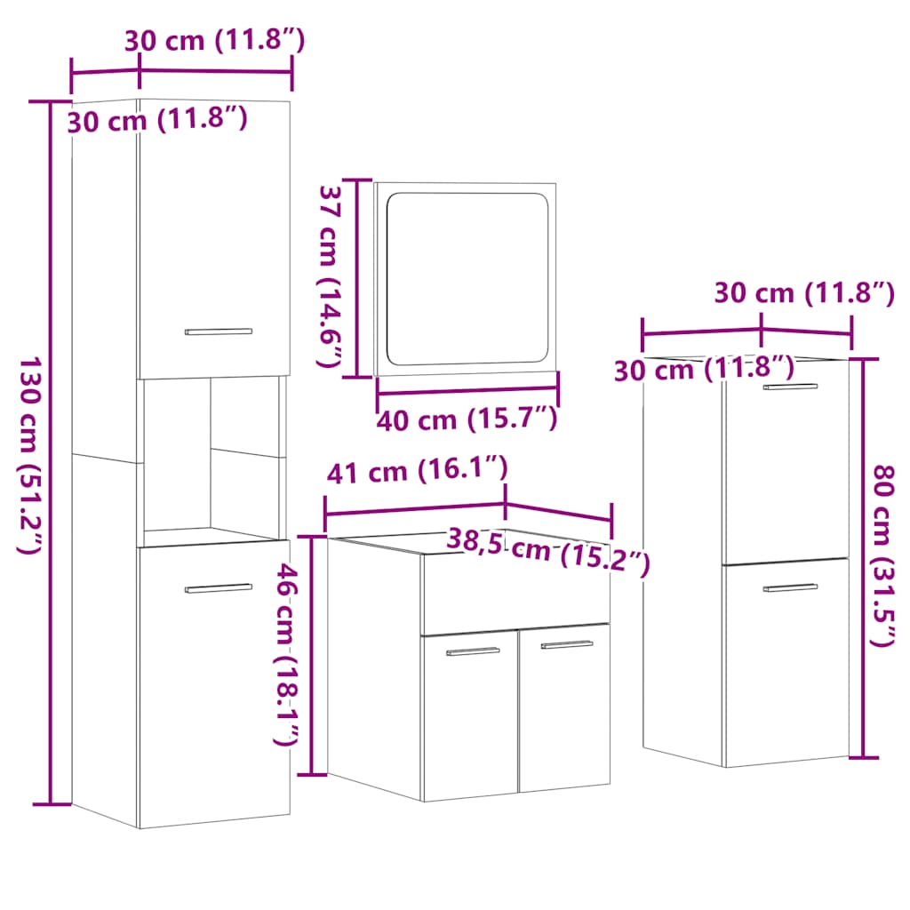 4 pcs conj. móveis casa banho derivados madeira cinza cimento
